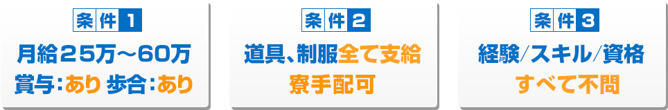 条件１ 月給25～60万 賞与：あり 歩合：あり　条件２ 道具、征服全て支給　条件３ 経験/スキル/資格 全て不問